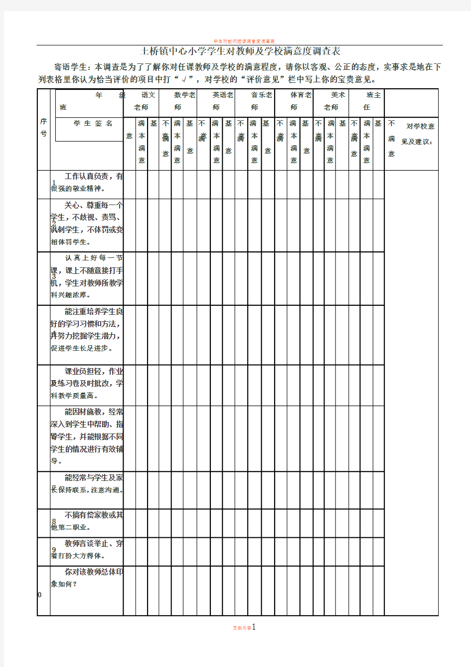 学生对教师满意度调查表23633