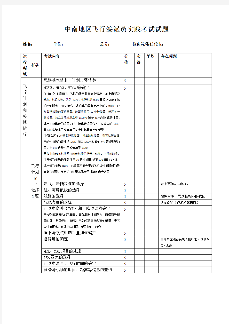 中南地区飞行签派员实践考试试题