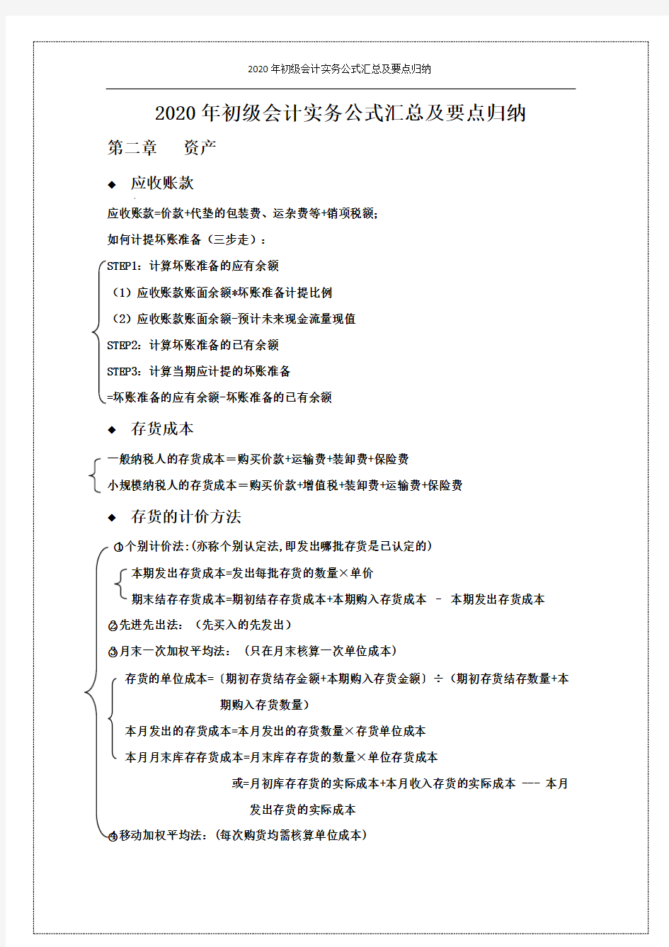 2020年初级会计实务公式汇总及要点归纳