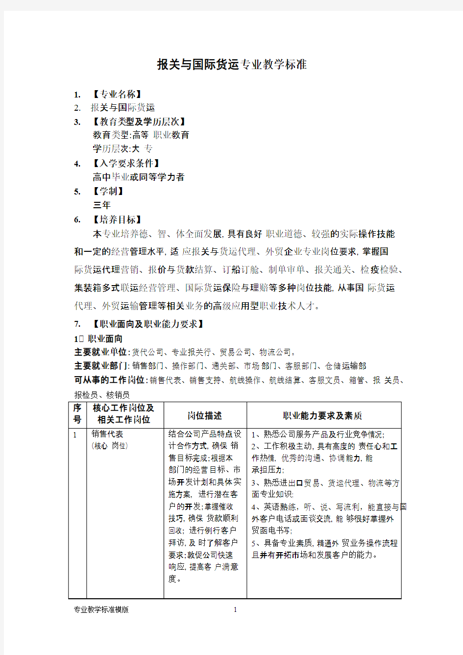 报关与国际货运专业教学标准