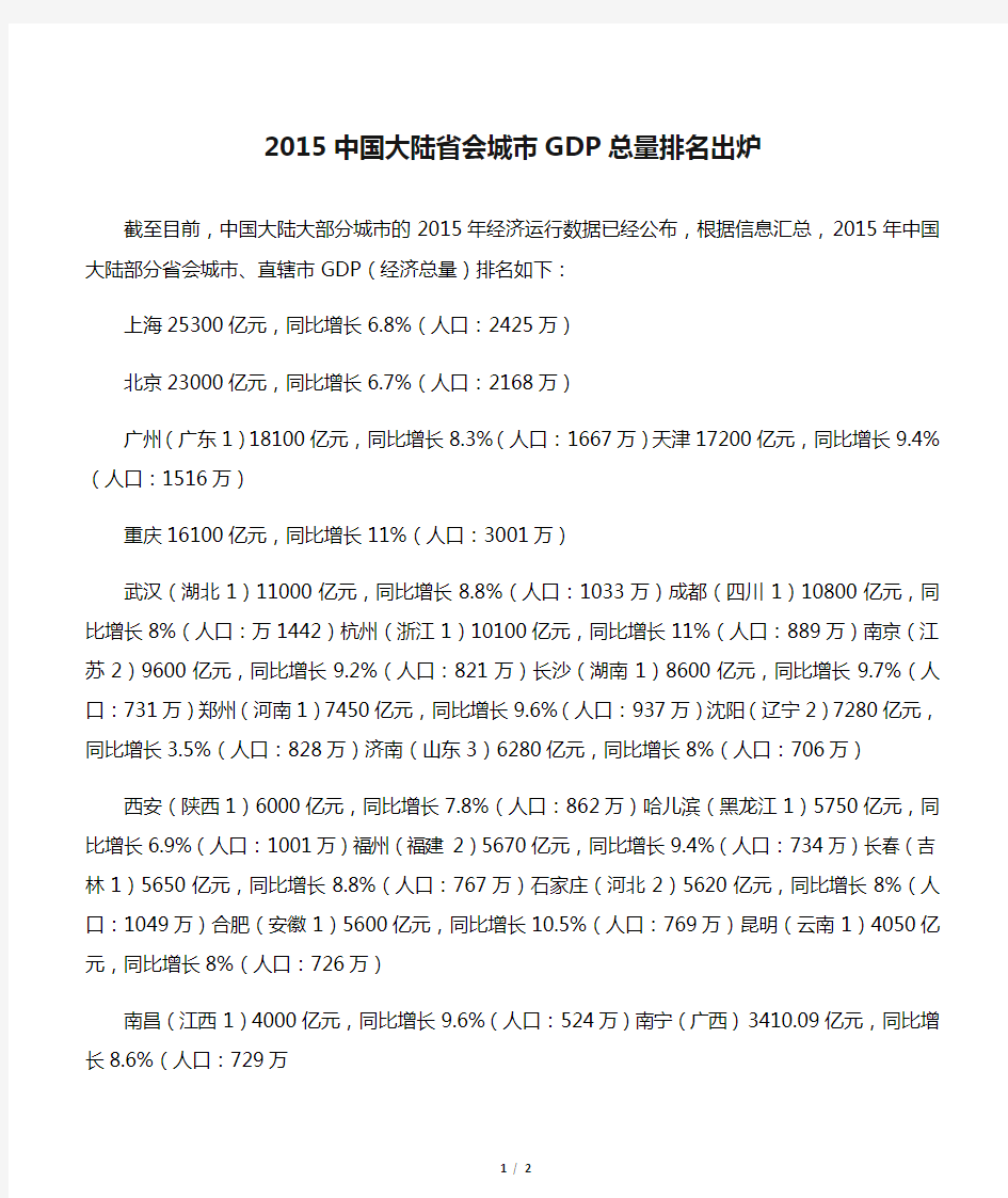 2015中国大陆省会城市GDP总量排名出炉
