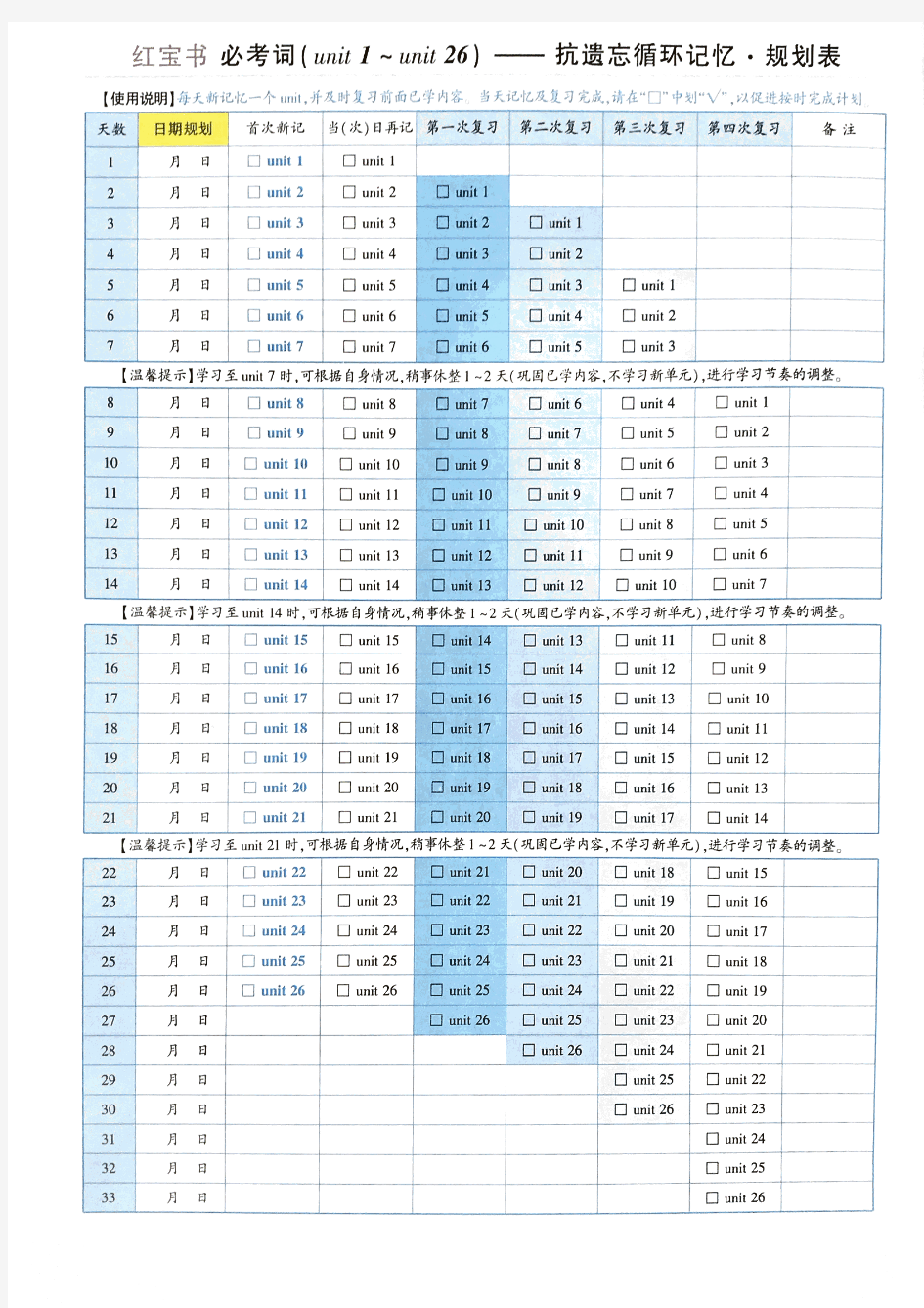 红宝书背单词计划表