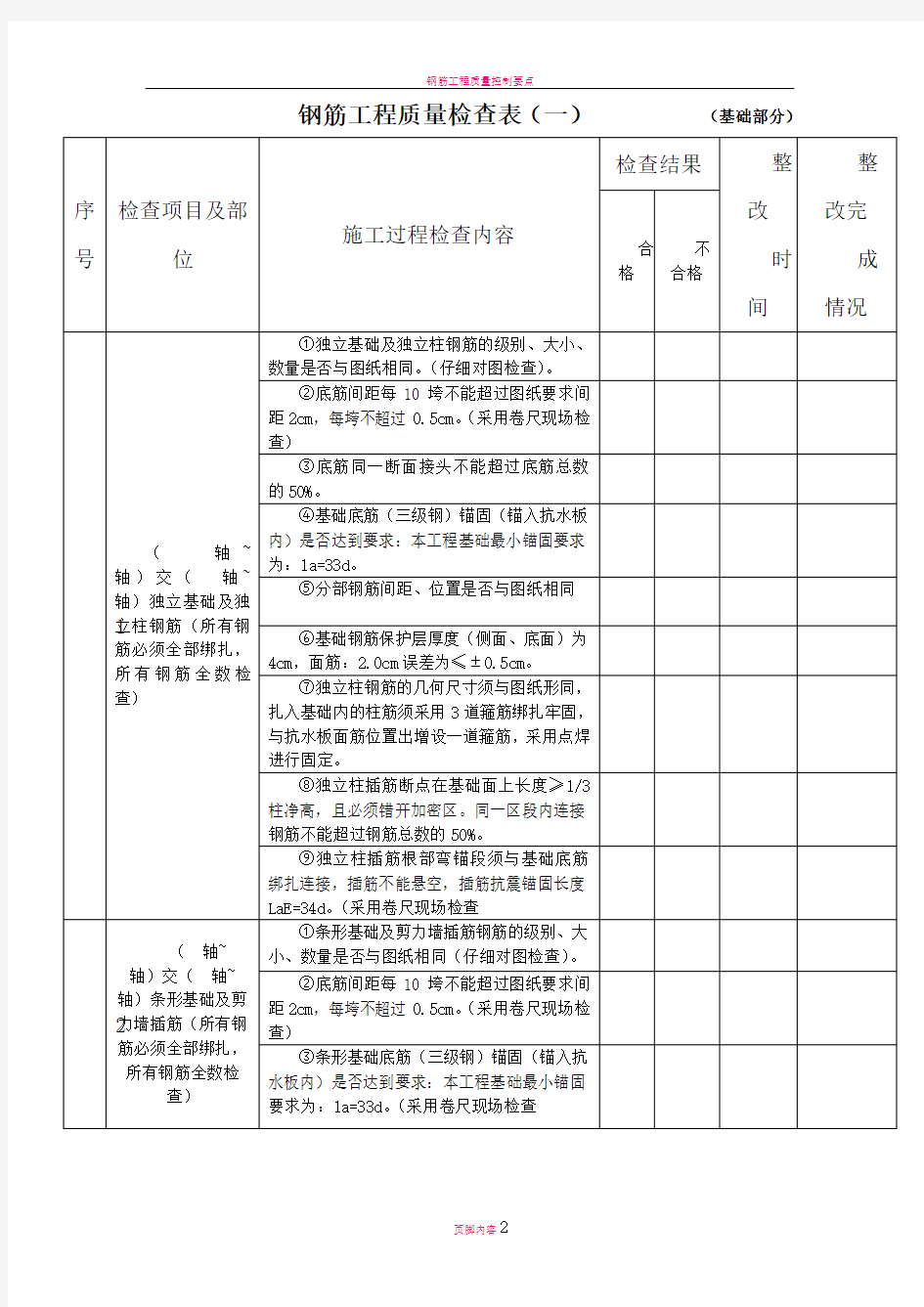 钢筋工程质量检查表