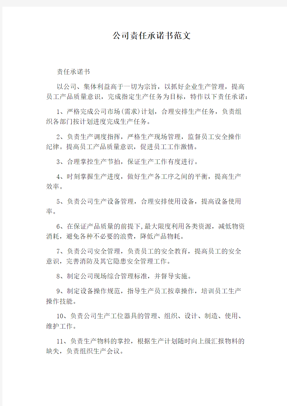 公司责任承诺书范文