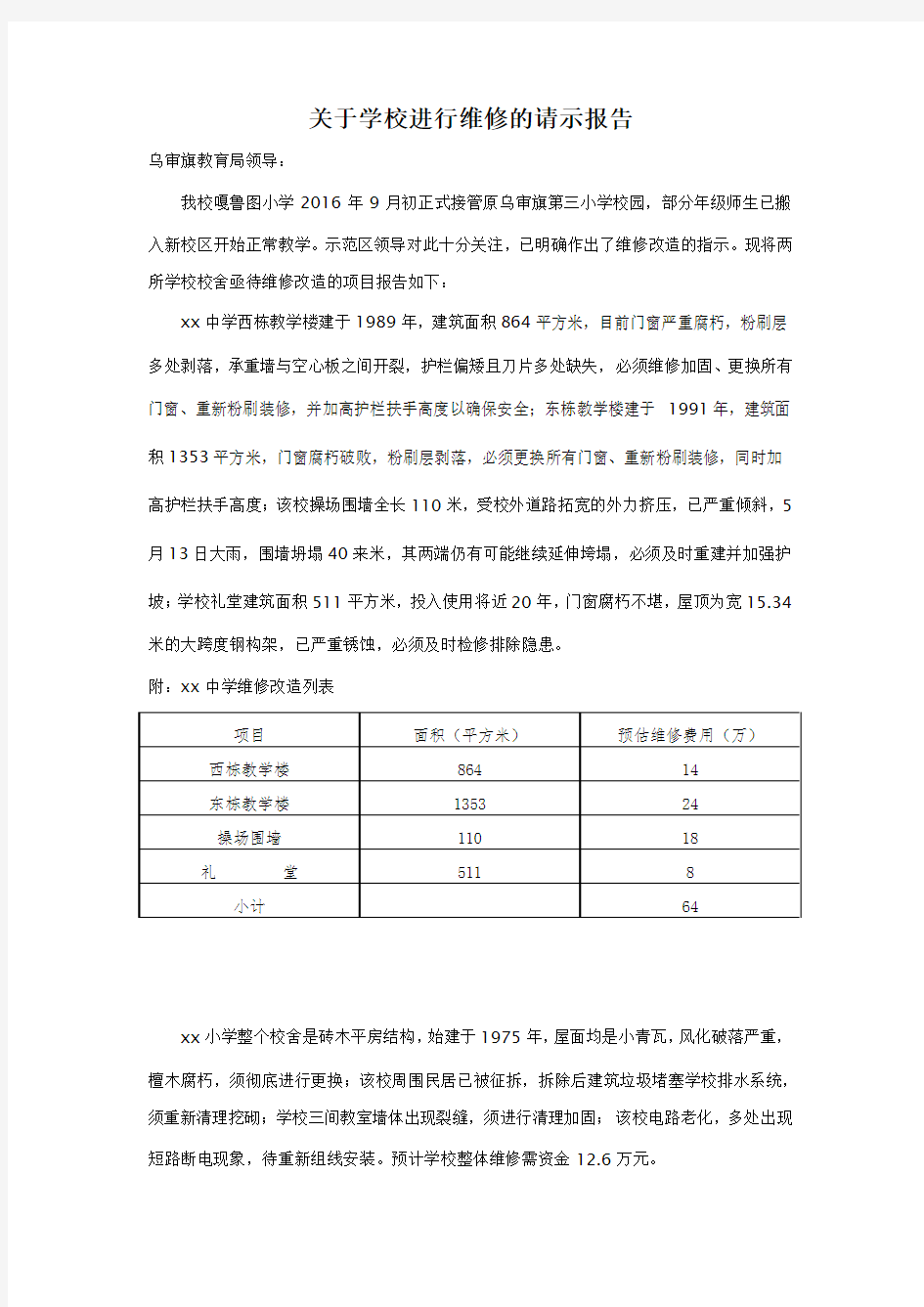 关于学校进行维修的请示报告