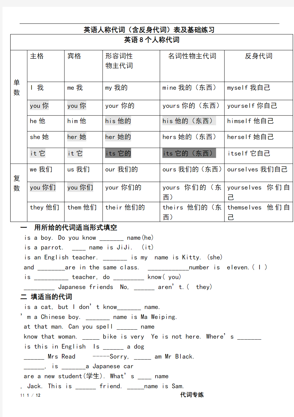 小学英语人称代词练习大全76167