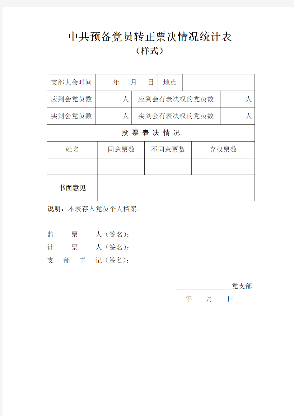中共预备党员转正票决情况统计表