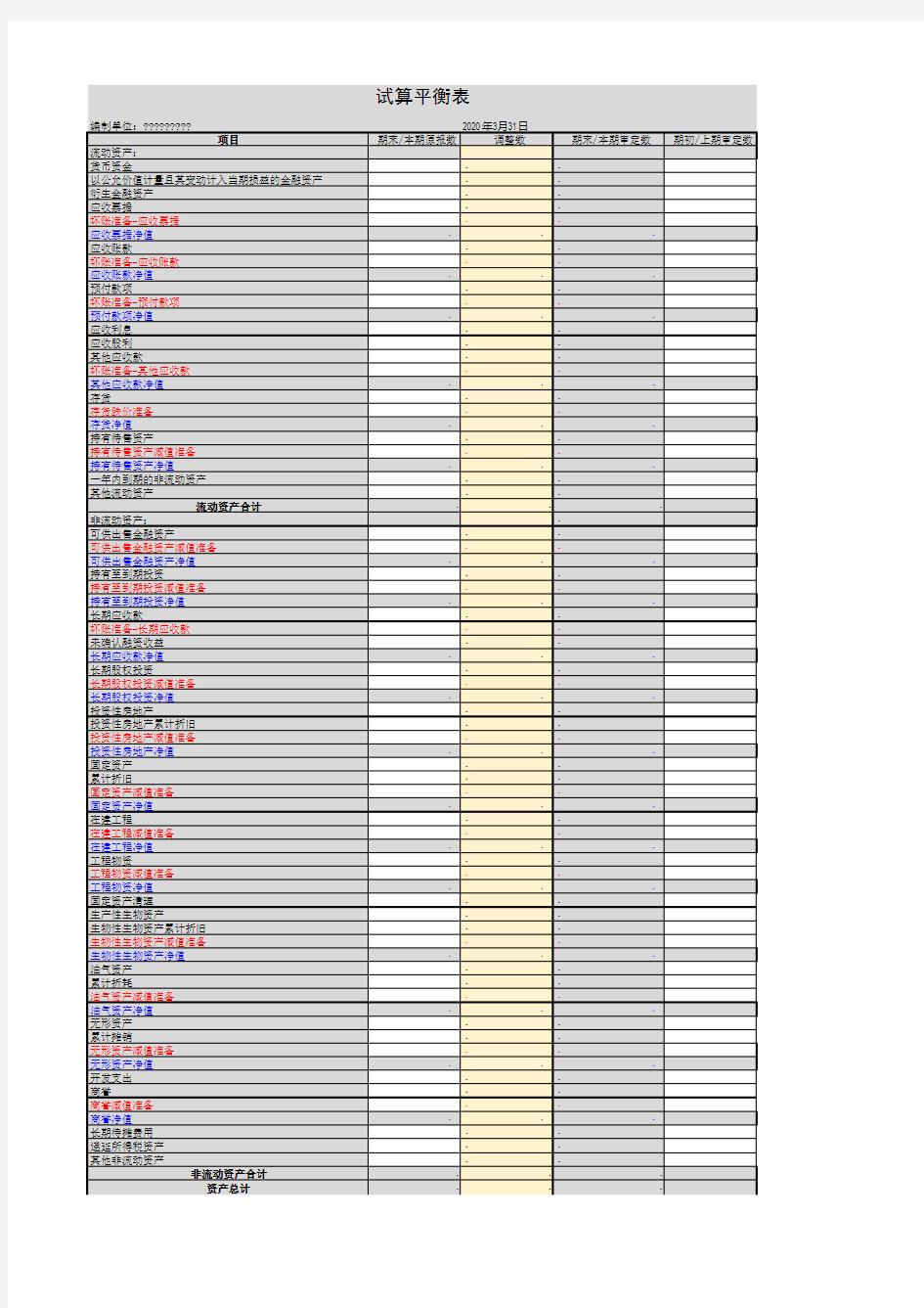 财务报表试算表模板
