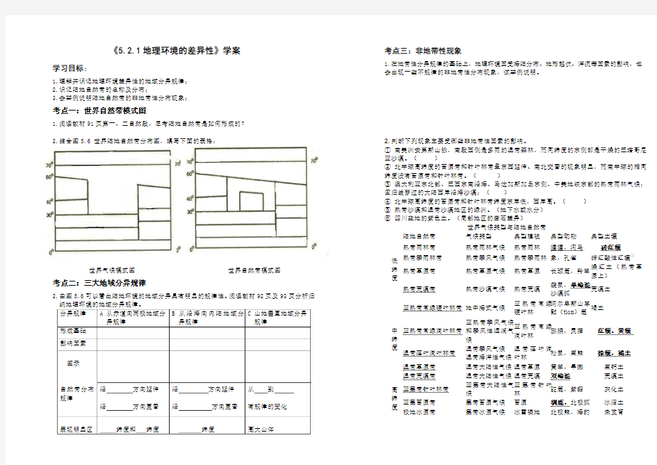 高三地理必修一艺术班一轮复习学案地理环境的差异性学案