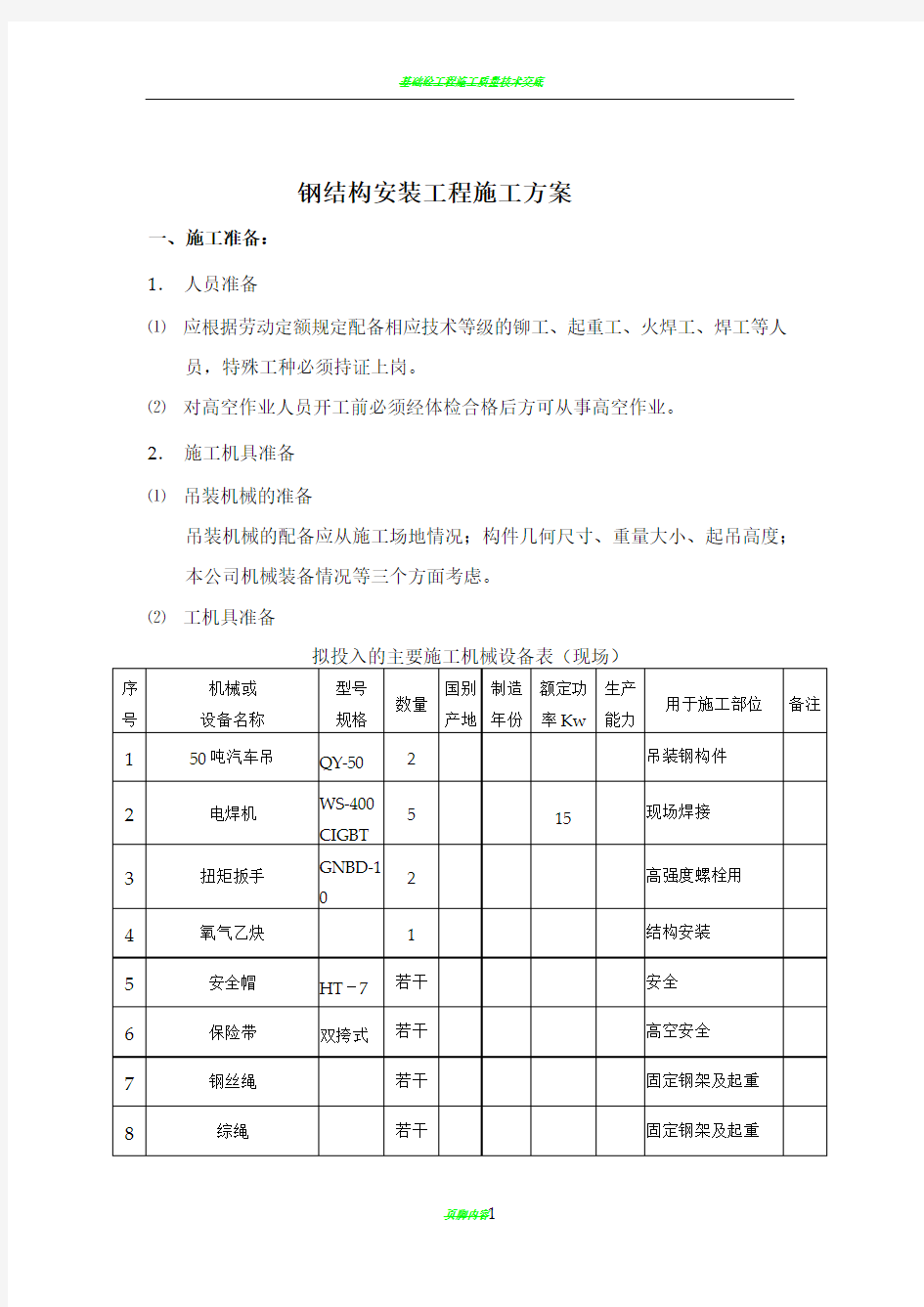 钢结构安装工程施工方案