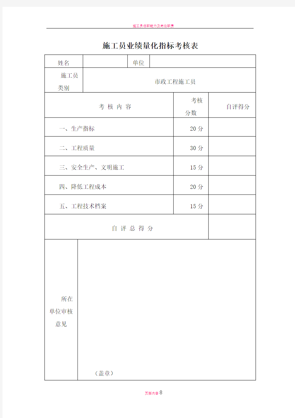 施工员业绩量化指标考核表