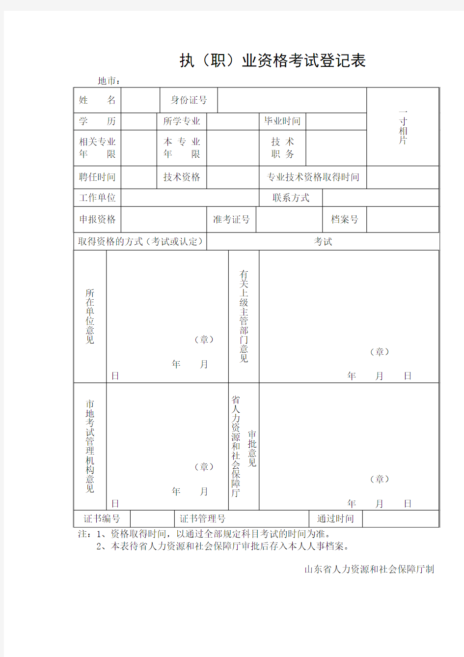 执(职)业资格考试登记表