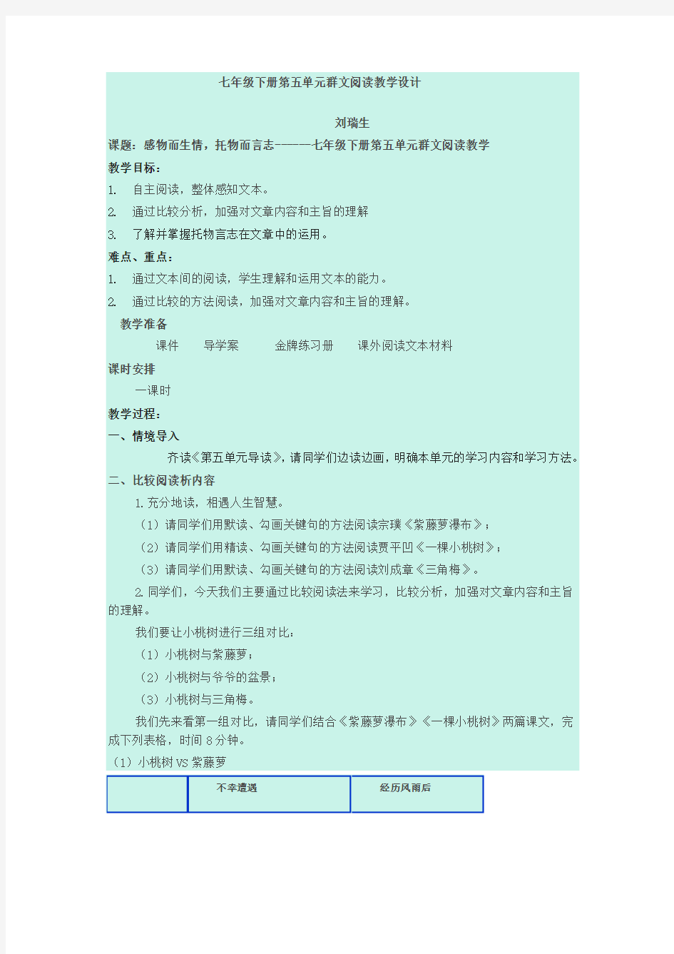 七年级下册第五单元群文阅读教学设计