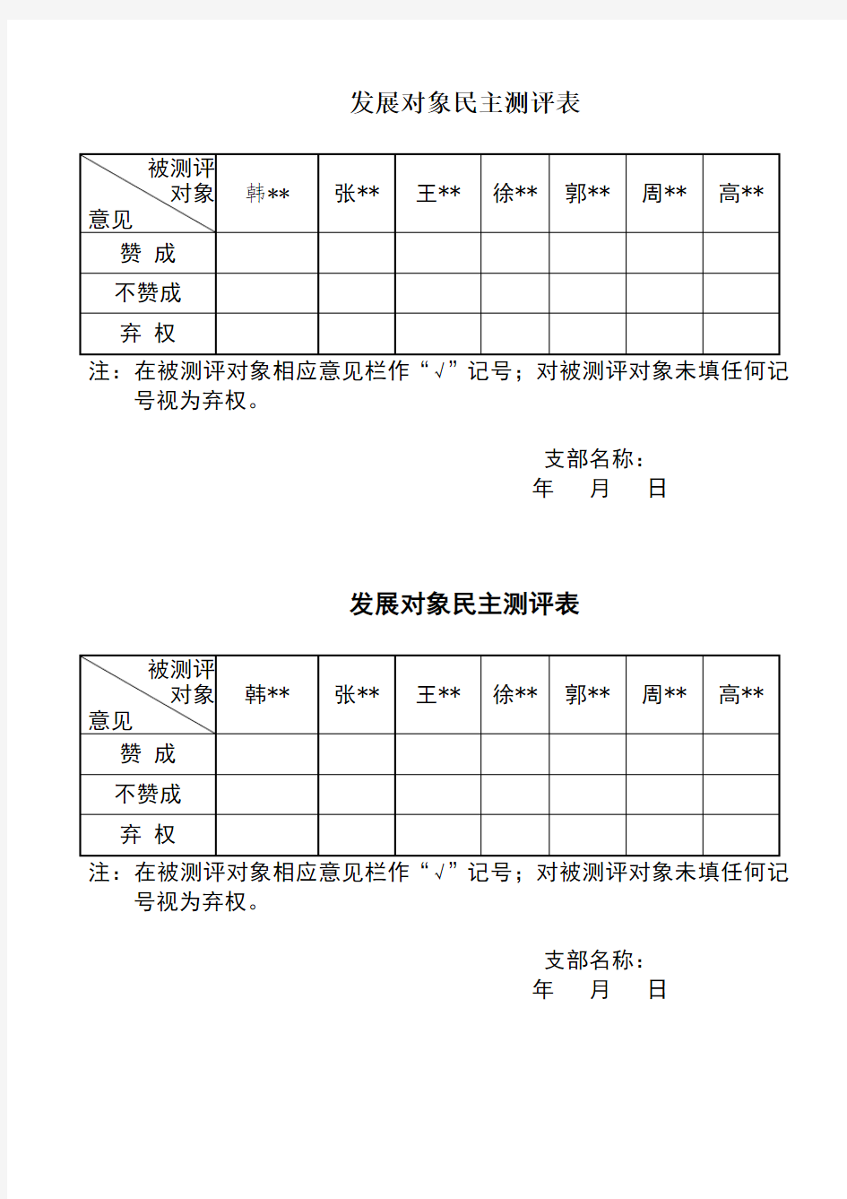 发展对象民主测评表