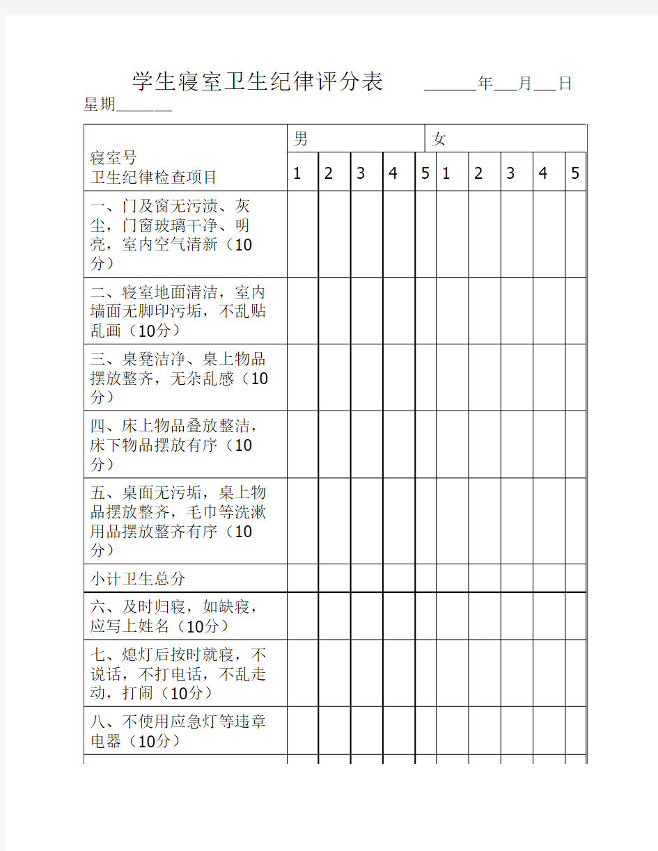 学生寝室卫生纪律评分表