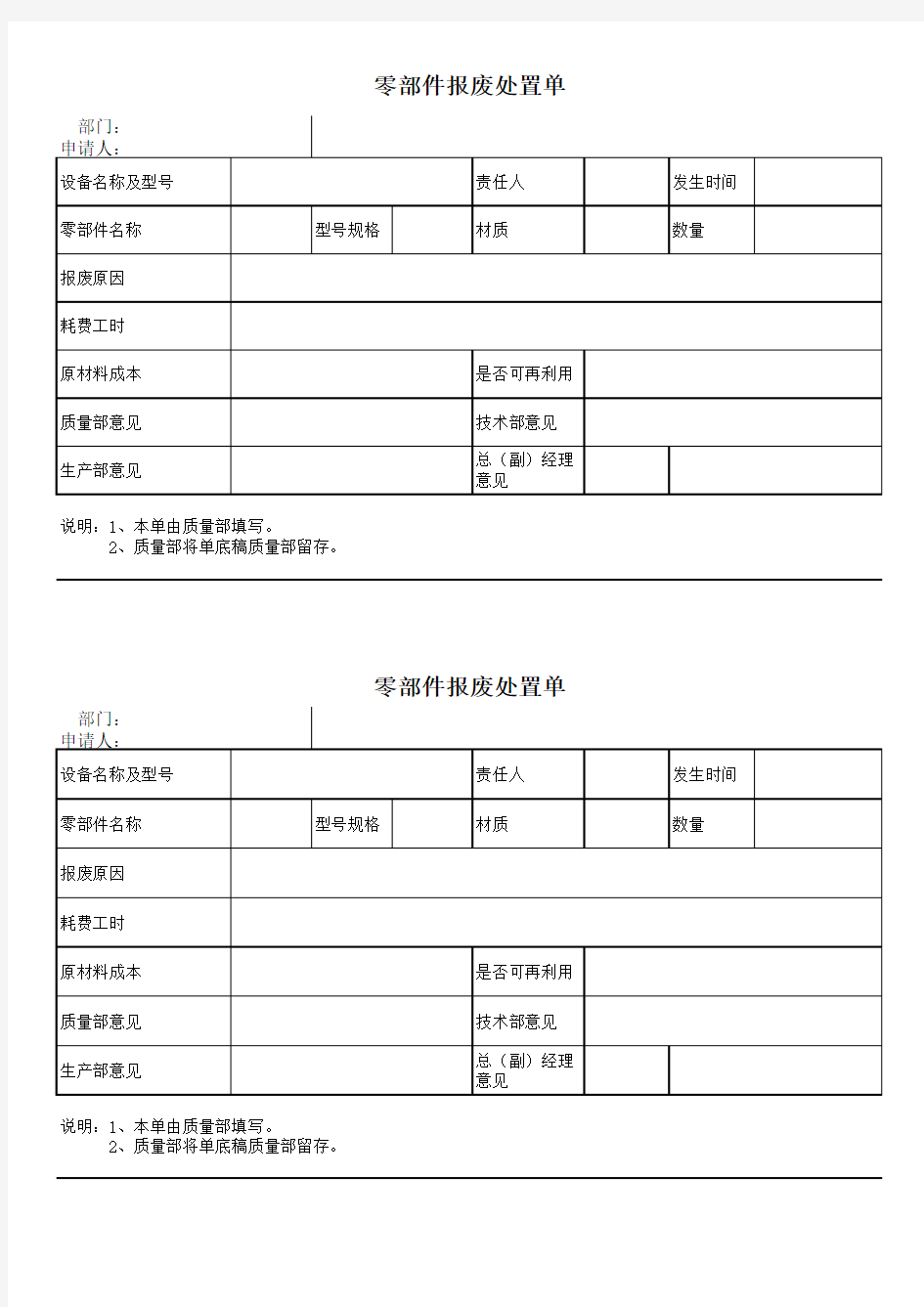 零件报废处置单