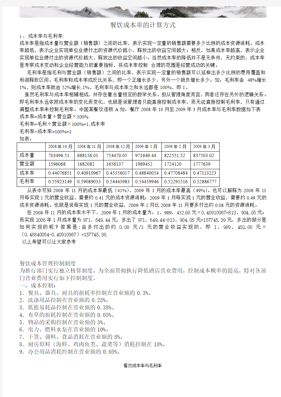 餐饮成本率的计算方式 