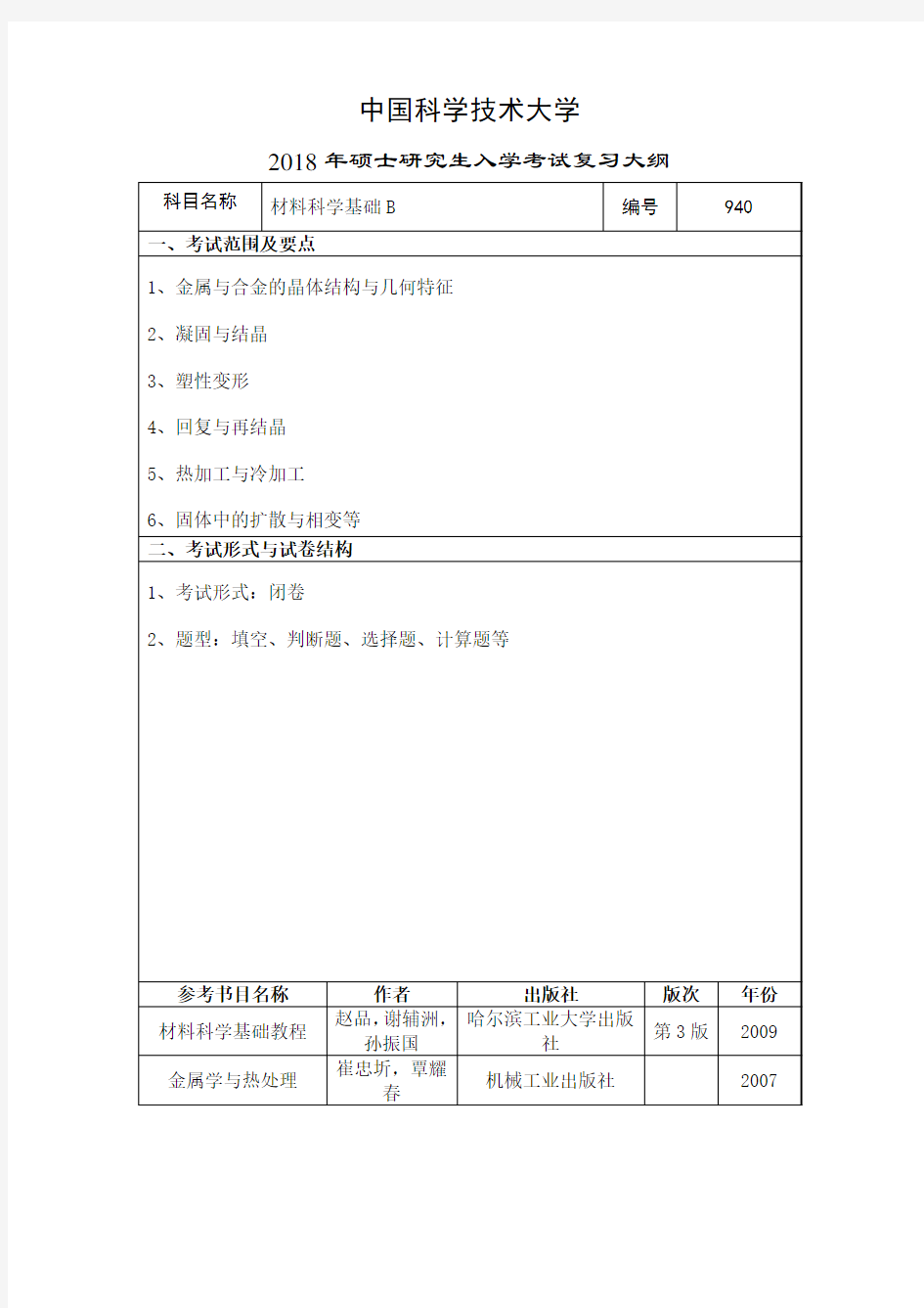 2019年中国科学技术大学940 材料科学基础B考研初试大纲