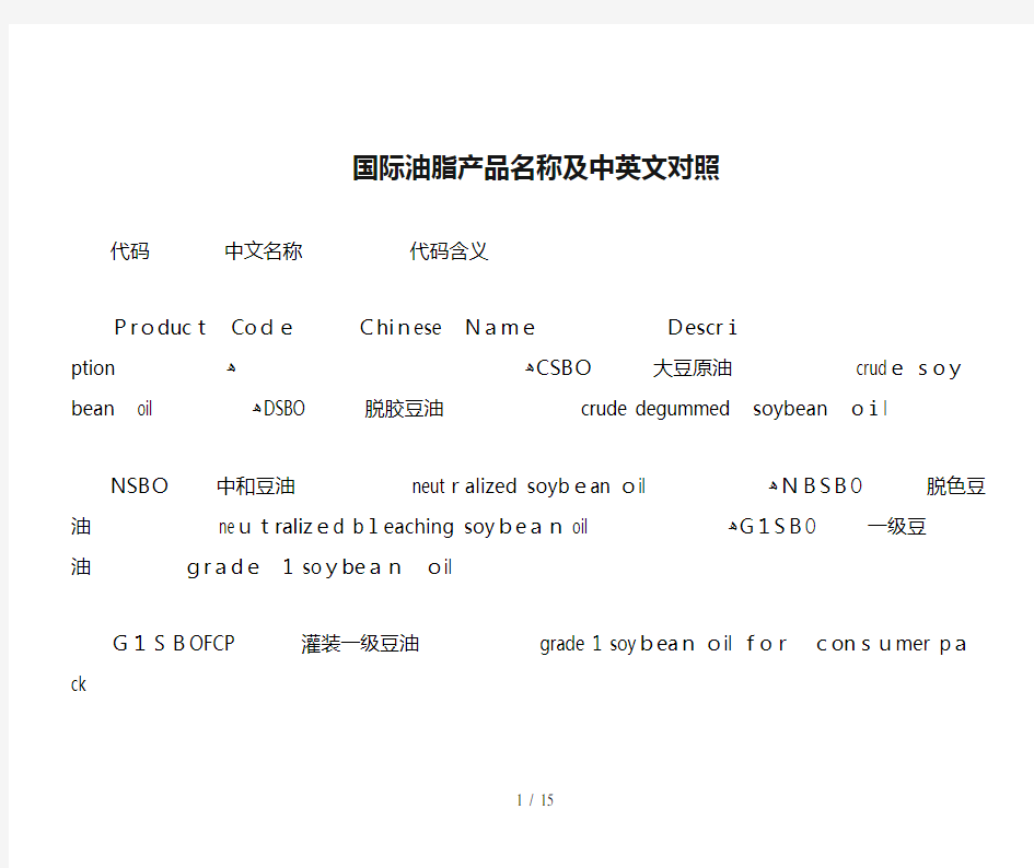 国际油脂产品名称及中英文对照