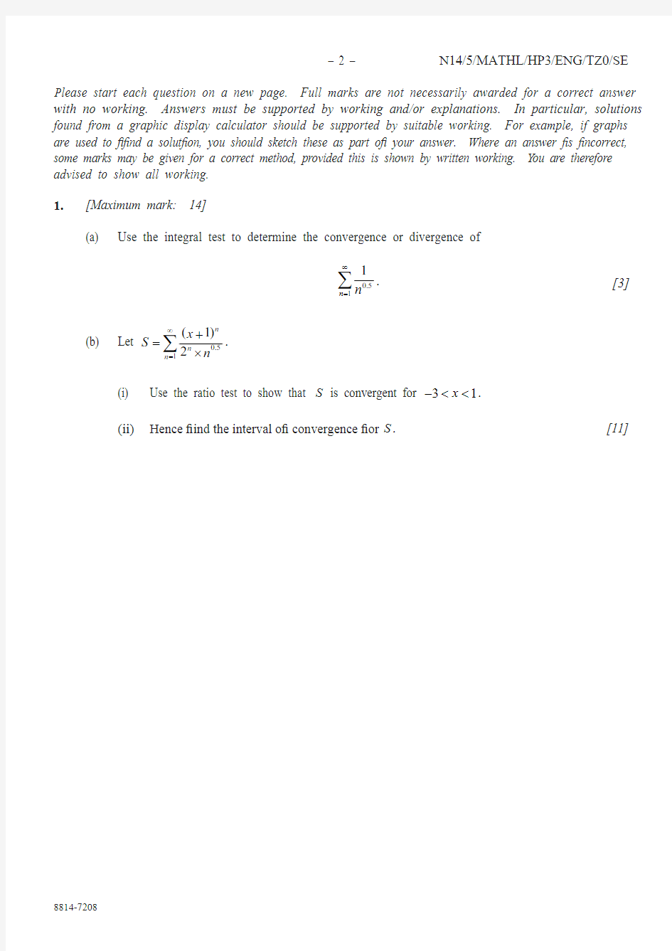 IB Math HL 2014 Nov Paper 3 Calculus Questionpaper