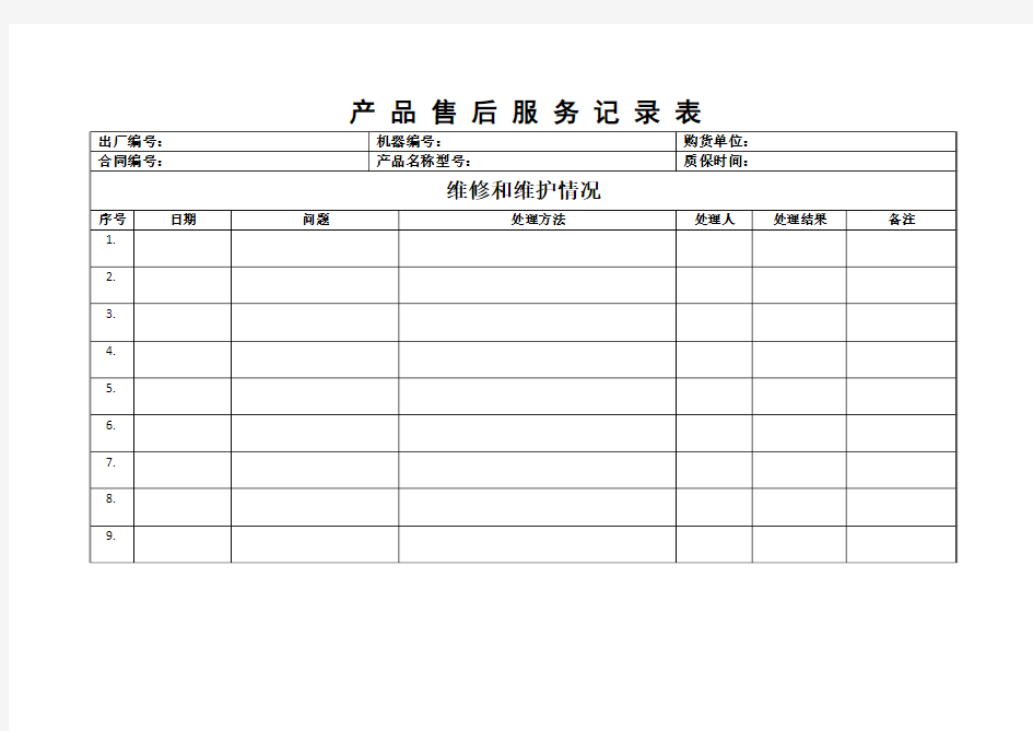 产品售后服务记录表模板