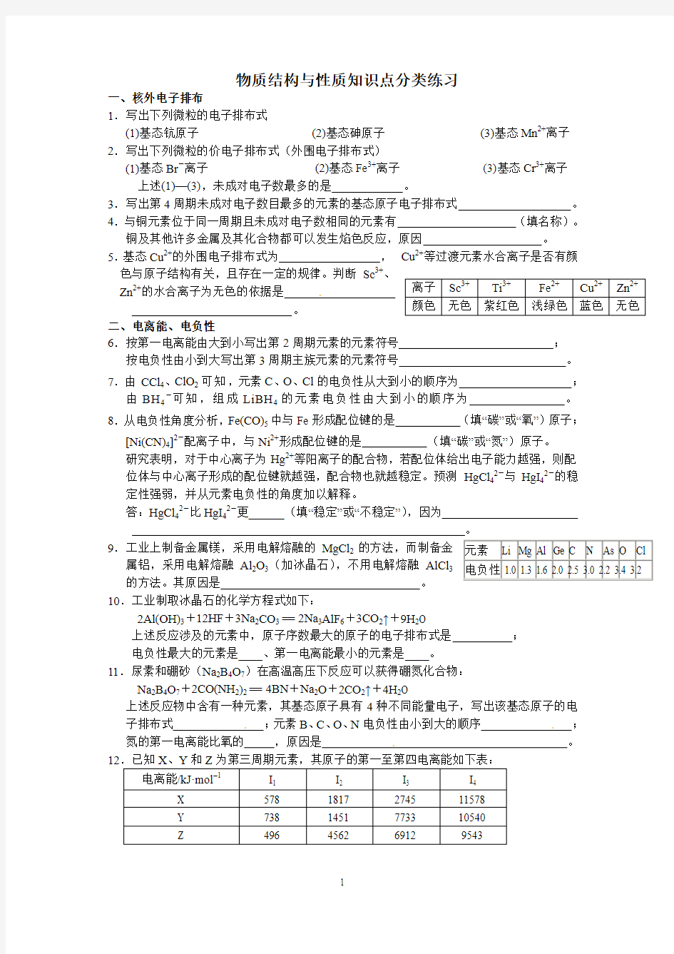 物质结构与性质知识点分类练习