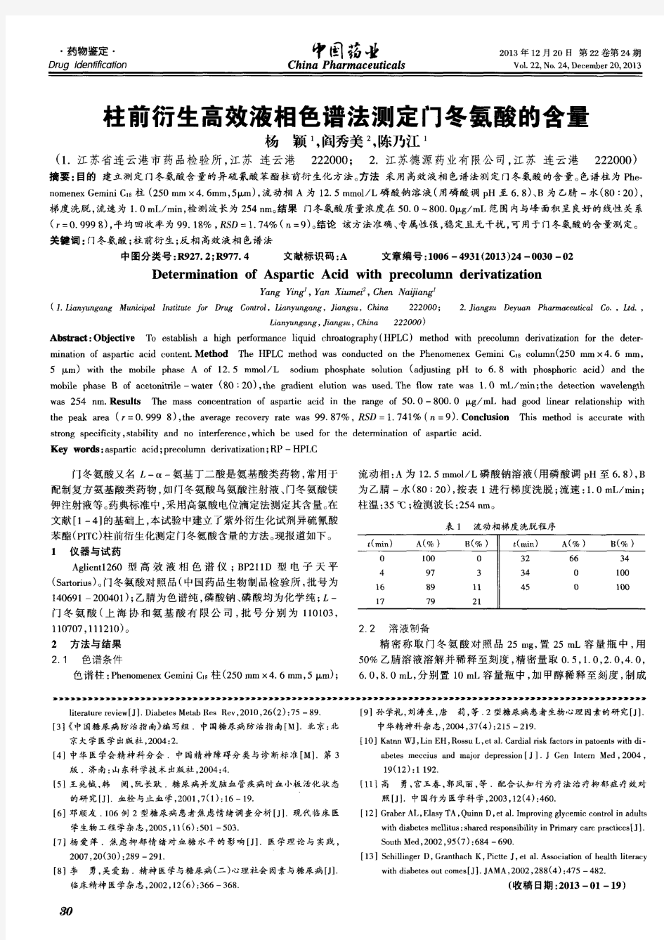 柱前衍生高效液相色谱法测定门冬氨酸的含量