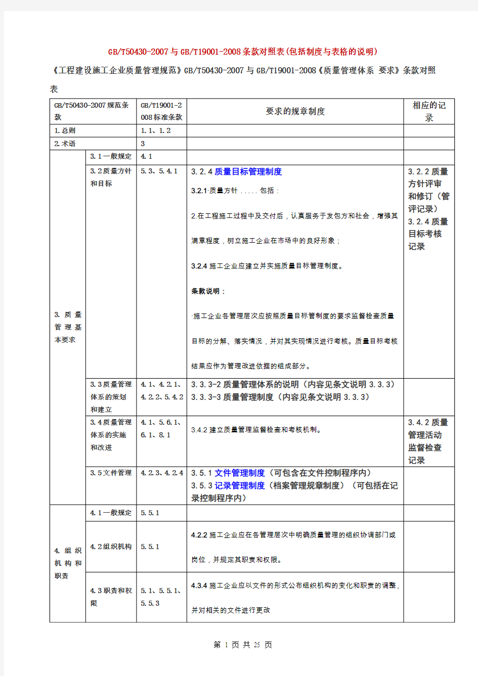 GBT50430-2007与GBT19001-2008条款对照表(包括制度与表格的说明)