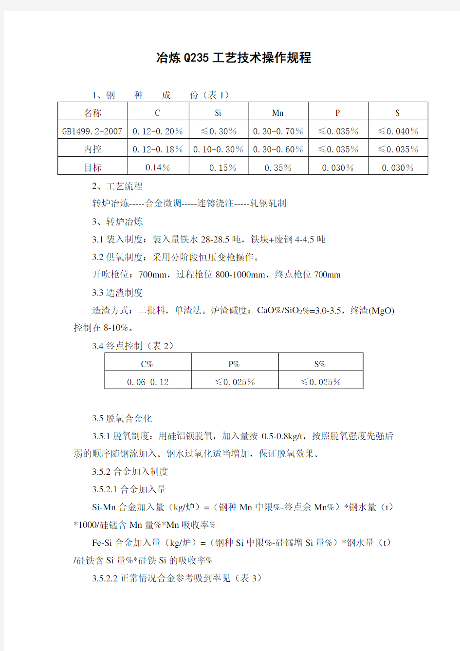 冶炼Q235工艺技术操作规程