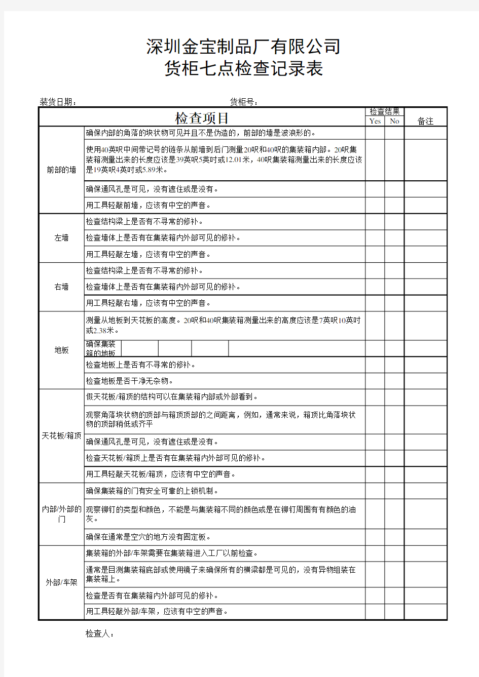 货柜检查记录表