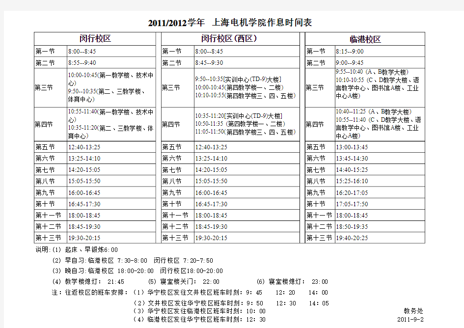 2011-12上海电机学院作息时间表