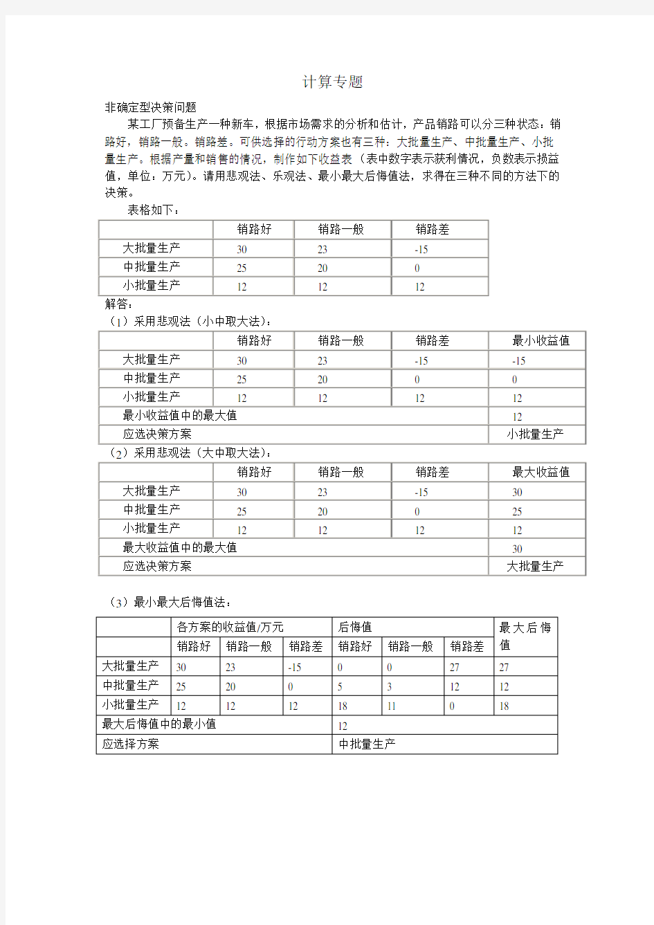 非确定型决策问题计算方法例题