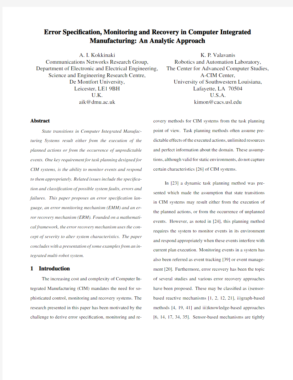 Error Specification, Monitoring and Recovery in Computer Integrated Manufacturing An Analyt