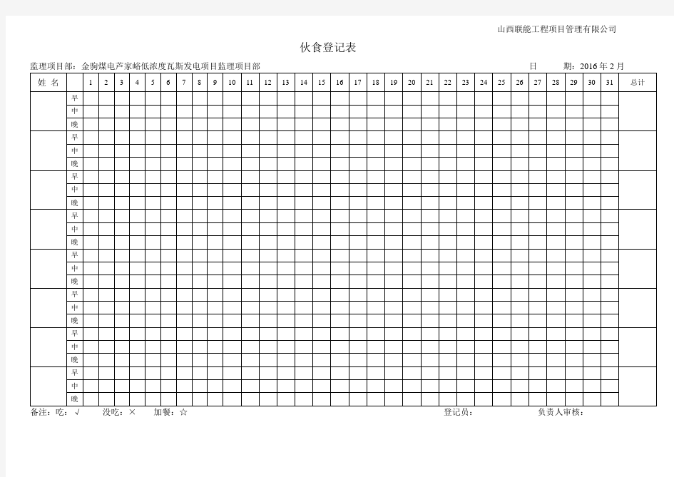 伙食登记表(×月)