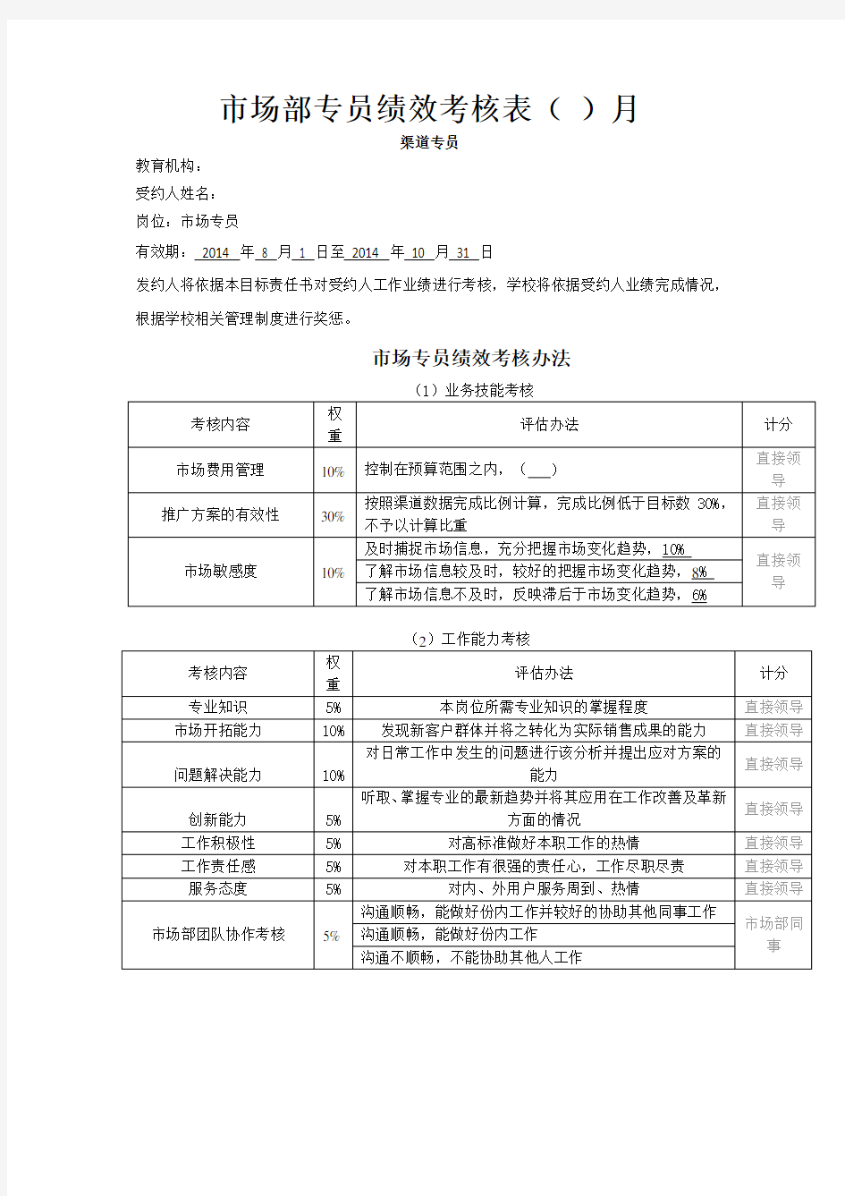 教育机构市场专员月绩效考核(地推)