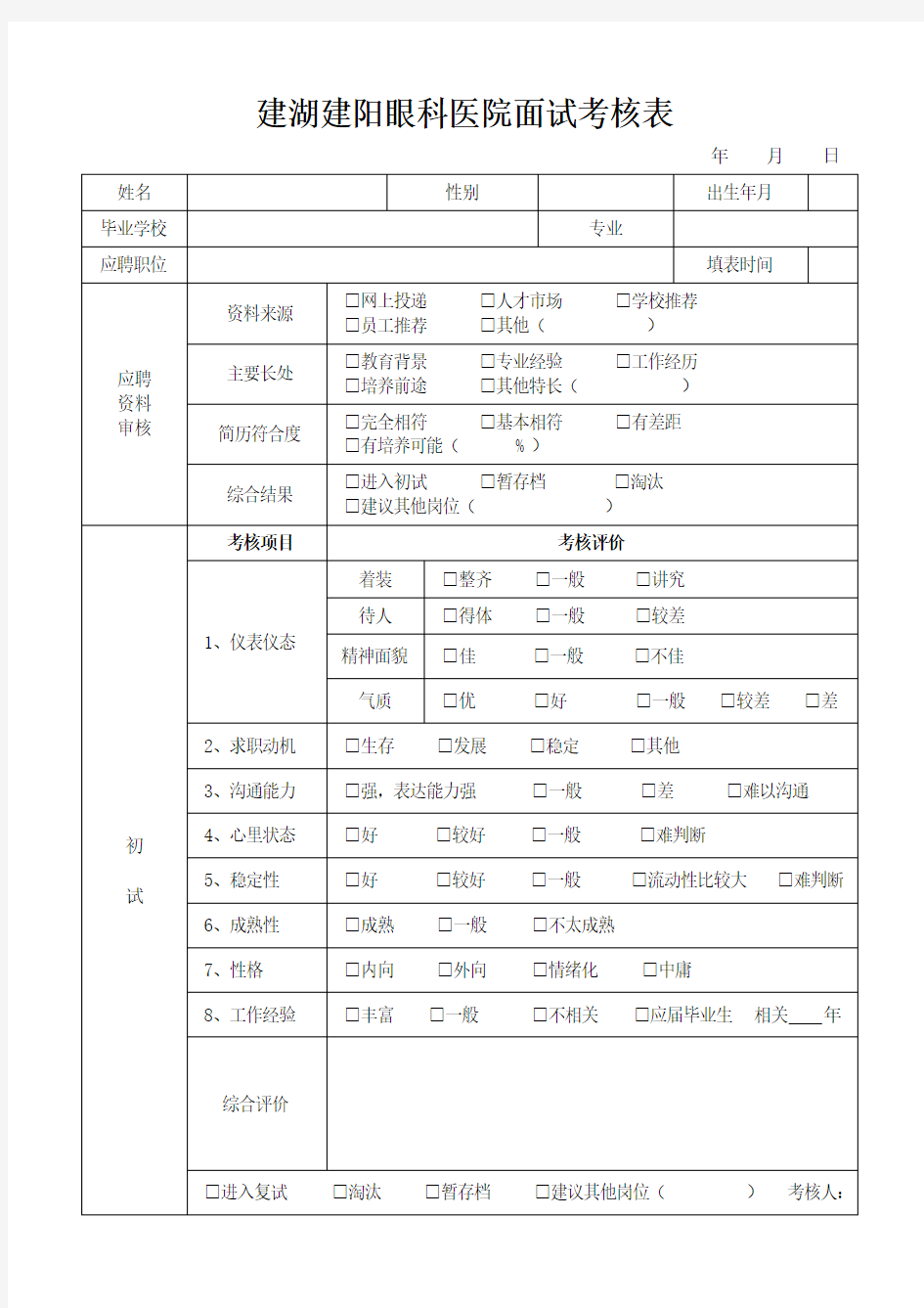 眼科医院应聘人员面试考核表