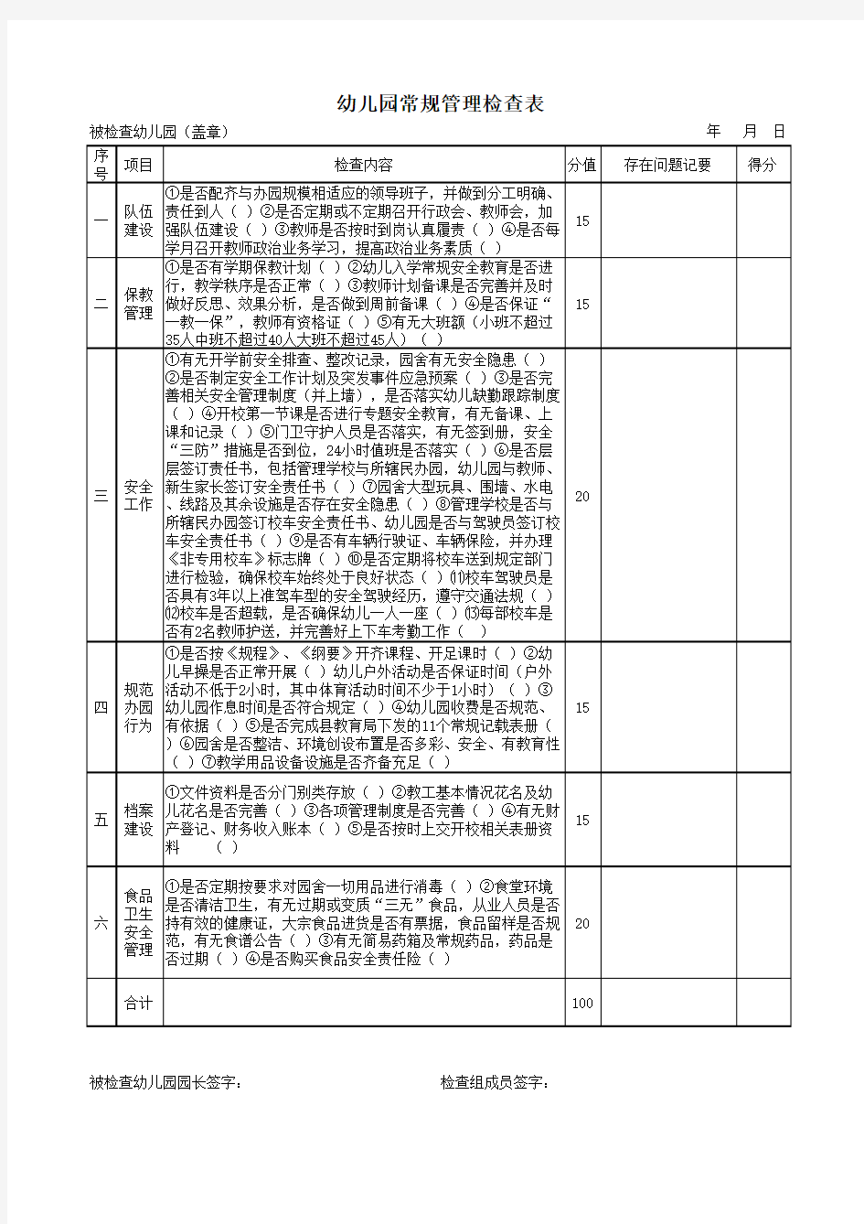 幼儿园常规管理检查表