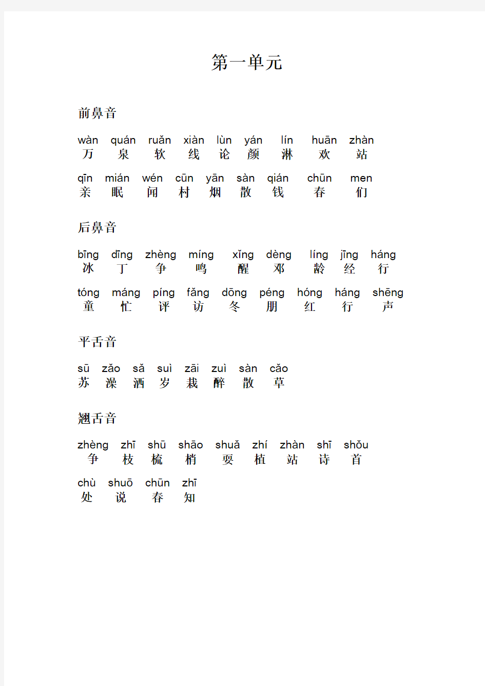 小学一年级下册第一单元前鼻音、后鼻音、平舌音、翘舌音