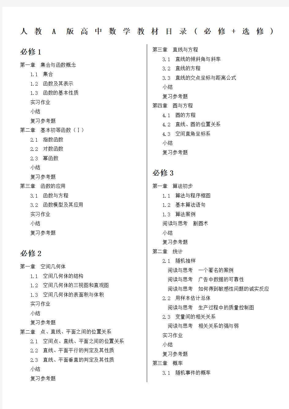 新人教A高中数学教材目录必修选修很全面