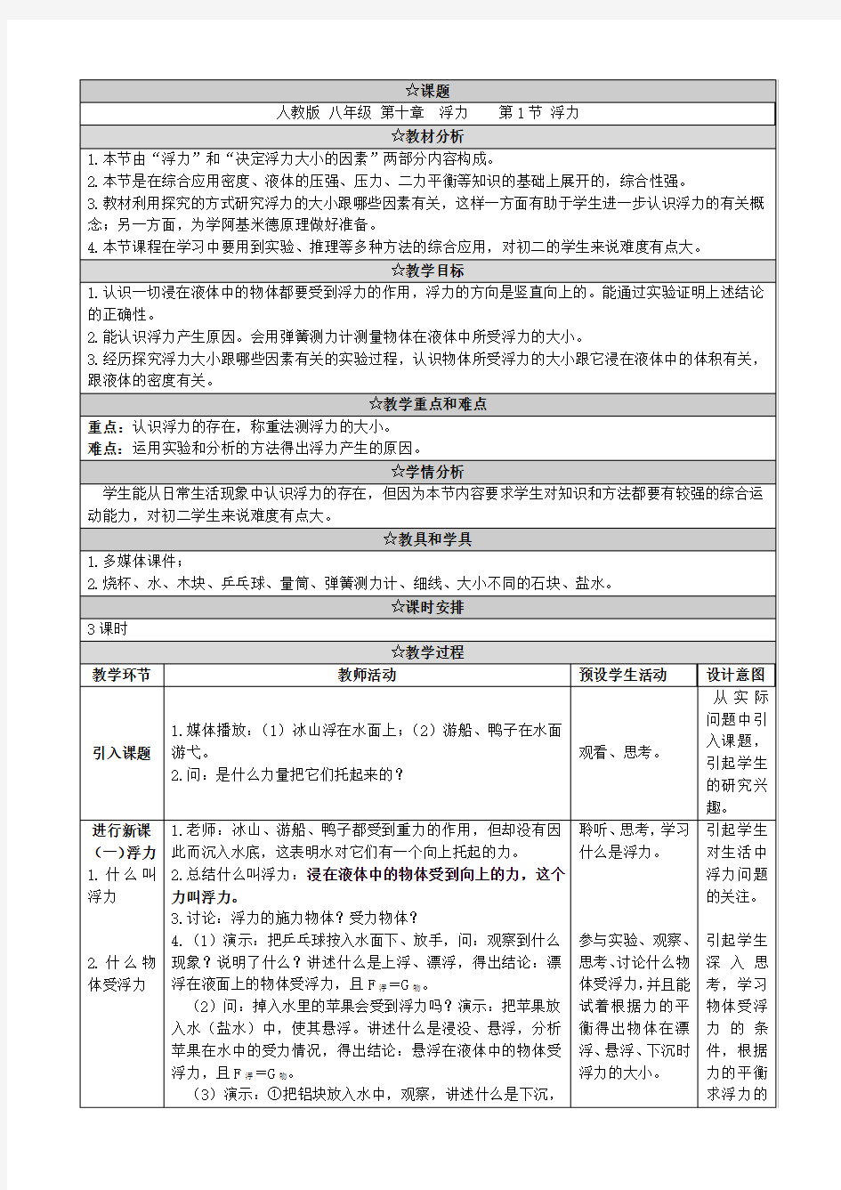 八年级物理下册《浮力》教学设计