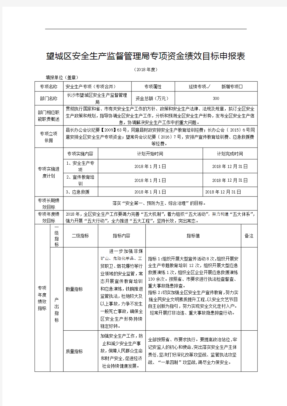 望城区安全生产监督管理局专项资金绩效目标申报表