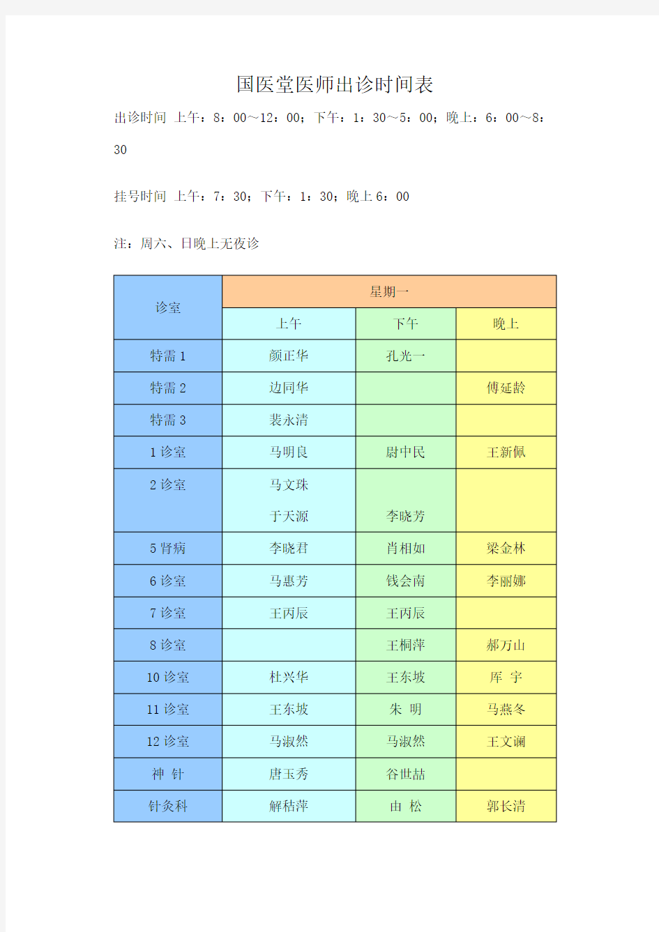 国医堂医师出诊时间表