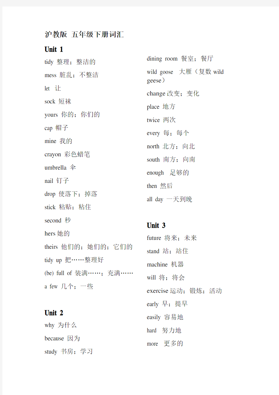 (完整版)沪教版英语五年级下册词汇