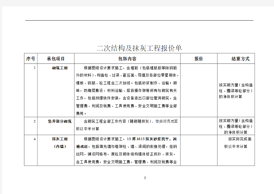 二次结构及抹灰工程报价单0823