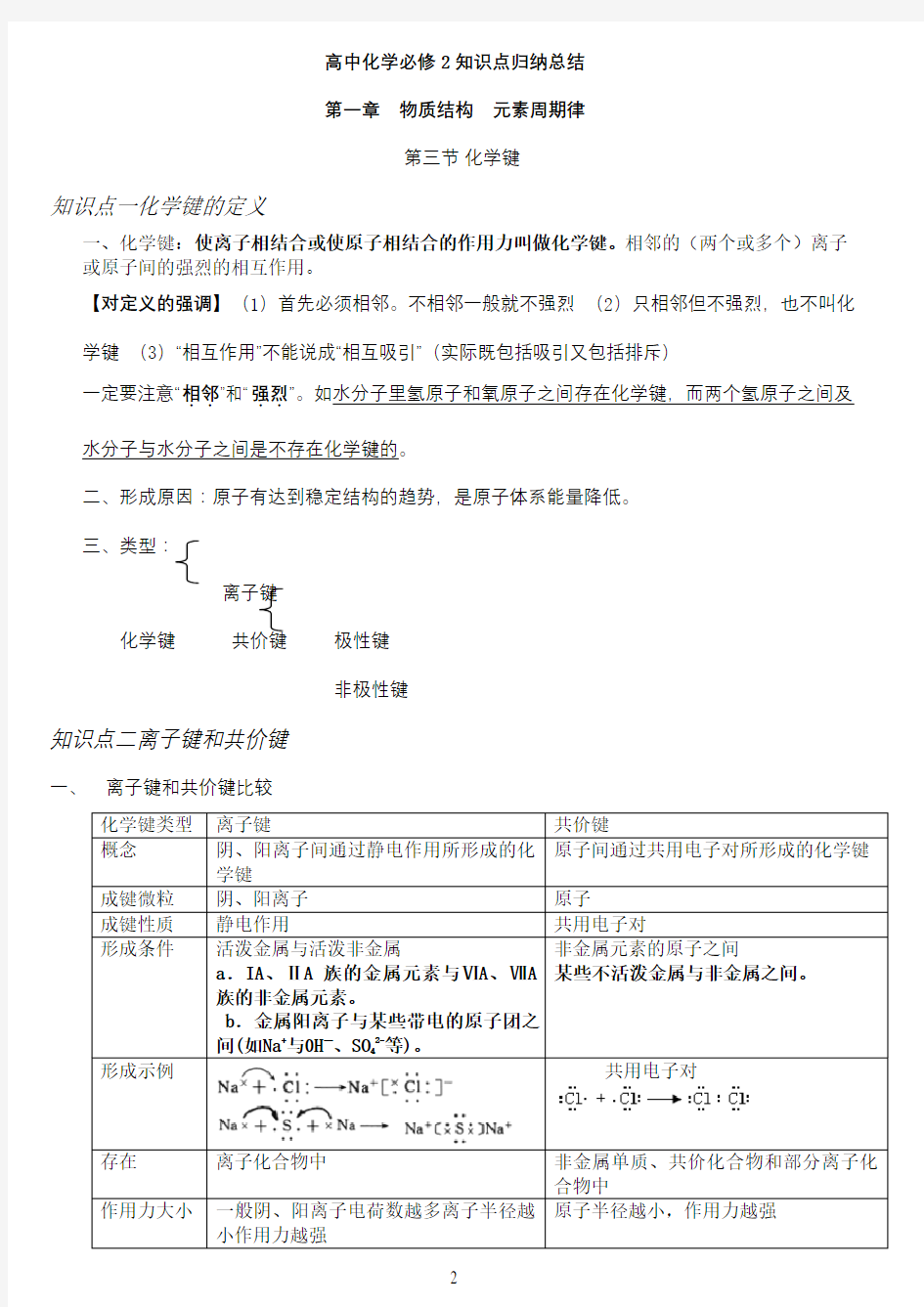 第一章第三节化学键知识点归纳总结