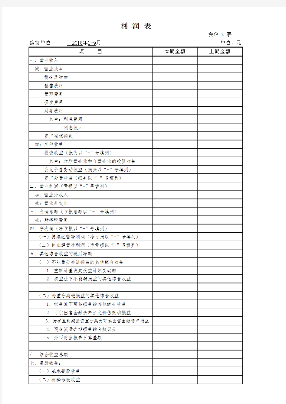 新财务报表格式-利润表