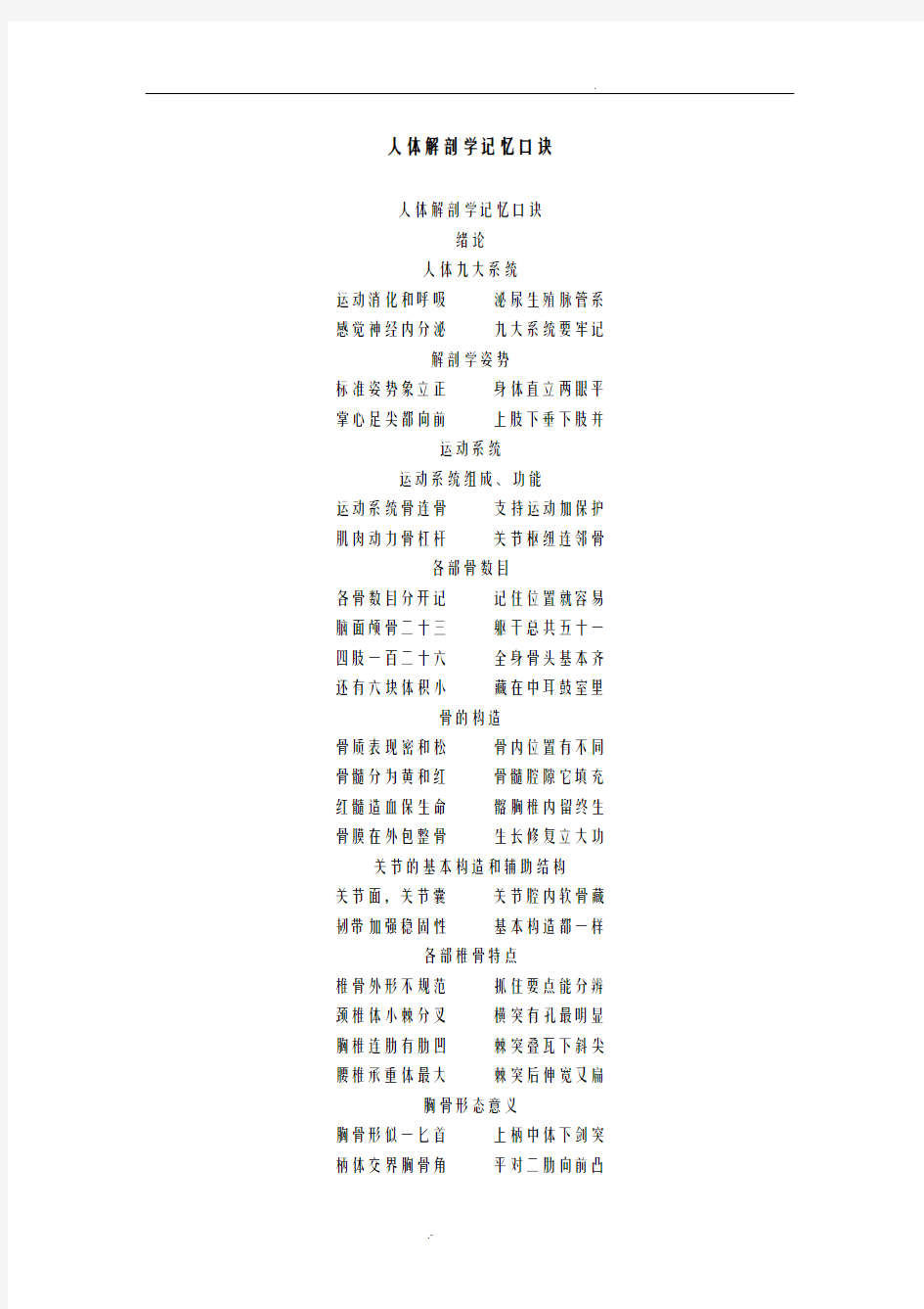 人体解剖学记忆口诀