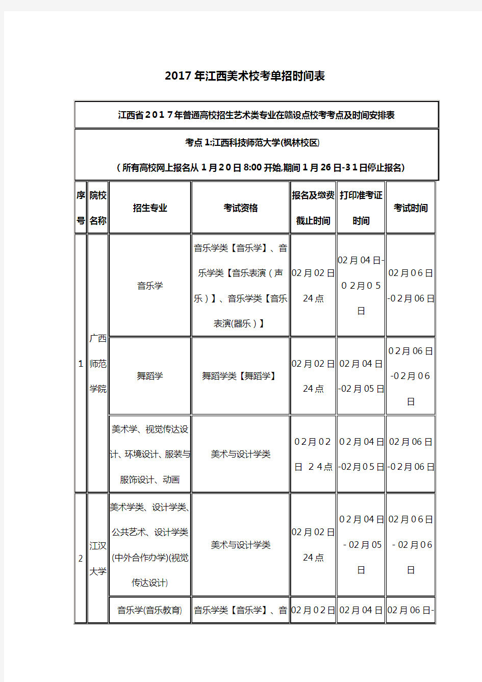 江西省2017年艺考校考时间表