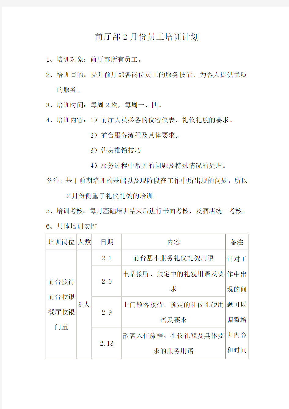 前厅部2月份员工培训计划