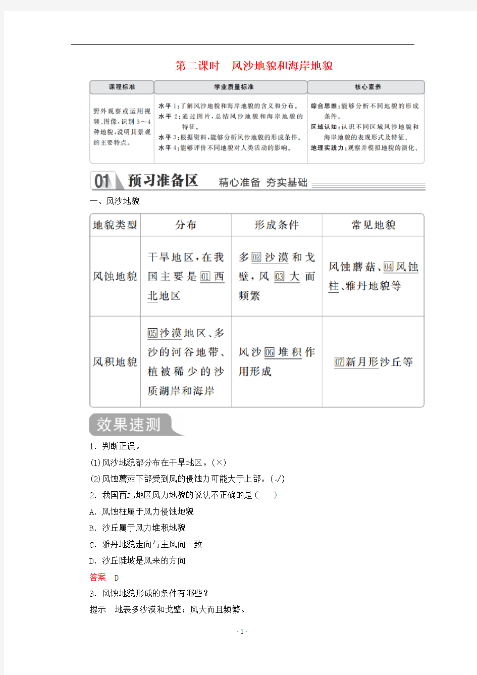 新教材高中地理 第四章 地貌 第一节 常见地貌类型 第二课时 风沙地貌和海岸地貌教学案 新人教版必修第一册